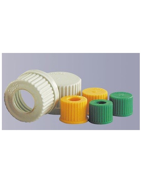 Screw cap GL25 PP red with hole autoclavable pack 10 pcs.