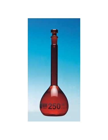 Volumetric flask 250 ml Duran amber class A CC glass stopper