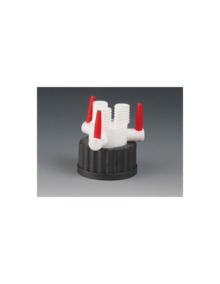 Zakrętka GL45 PPS z 3 szyjkami GL 14 i 3 kraniki PTFE